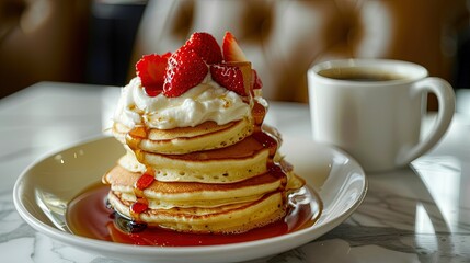 A close-up image of a cup of espresso with pancakes stacked high, dripping with maple syrup and topped with fresh strawberries and a dollop of whipped cream, on a marble countertop under soft