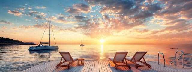 Yacht in harbor at dawn. Empty chairs calm sea. Magazine cover, Resort catalog, Blog post