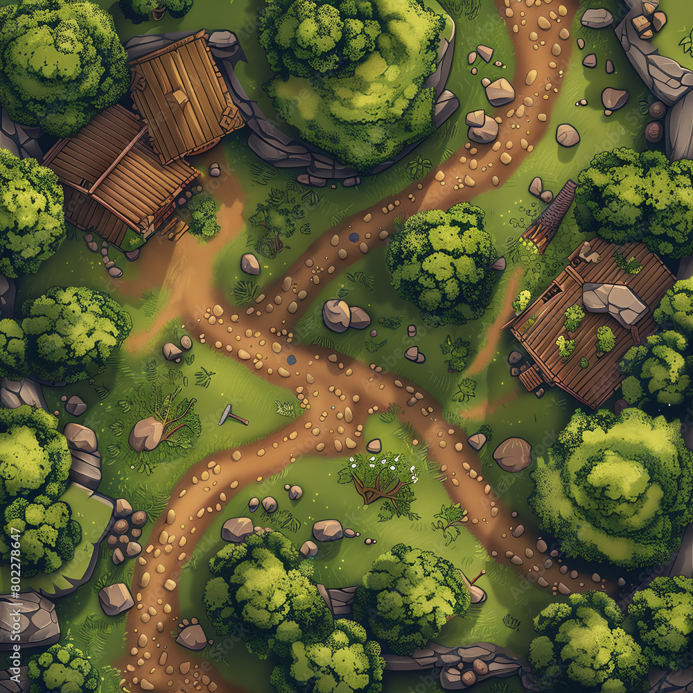 Poster aerial view of a winding path through a lush forest with rustic cottages nestled among trees