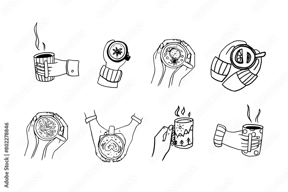 Wall mural Large set of cups in hands, hand with mug in doodle style. Tea theme elements. Cup of tea, I love tea, tea drinking, matcha, mulled wine. Hot drink. Hand drawn. Cute EPS10 vector illustration. 