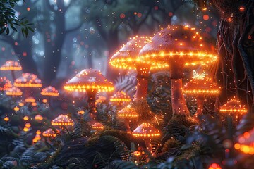 Fairy garden with glowing fireflies and magical toadstools