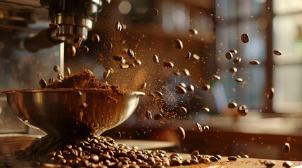 A dynamic scene of coffee beans being ground, capturing the moment as beans fall into the grinder
