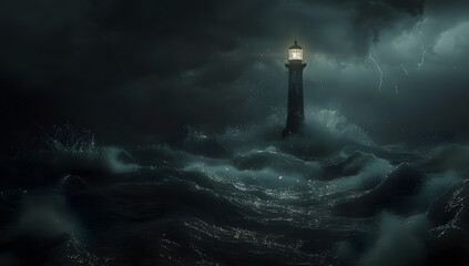 Waves hitting a lighthouse in Scotland.