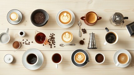 A neatly arranged flat lay of various coffee types in different cups, including espresso, cappuccino, and latte, each with its unique cup style and saucer