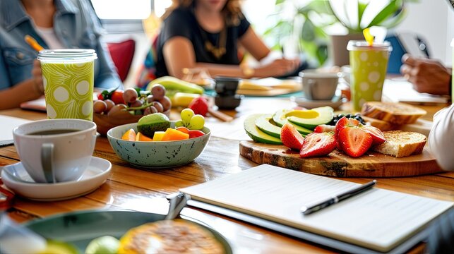 A photograph of a breakfast meeting in progress, a round table with coffee cups, notebooks, and light breakfast items like avocado toast and fruit bowls