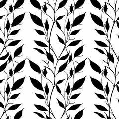 A geometric pattern seamless tile, vector, leaves, black lines and white background