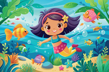 A girl is swimming in a sea with many fish