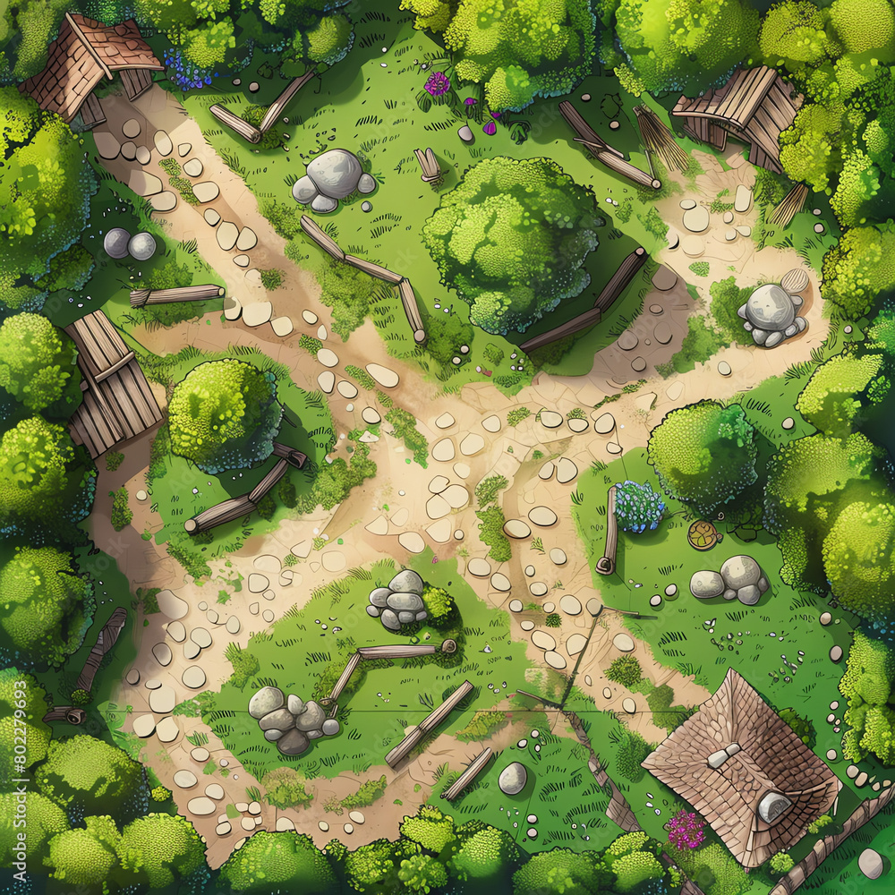 Poster aerial view of a tranquil forest clearing with intersecting paths and rustic structures in a lush gr