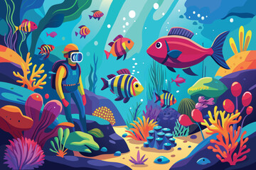 Fototapeta na wymiar A colorful underwater scene with a man in a scuba suit looking at the fish