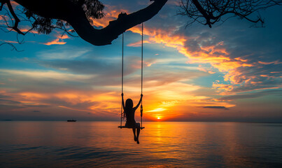Silhouette of Girl on Swing at Sunset Beach