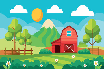 Fototapeta premium A red barn sits in a lush green field with a bright sun shining on it