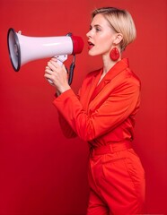 woman dressed in red shouting into megaphone