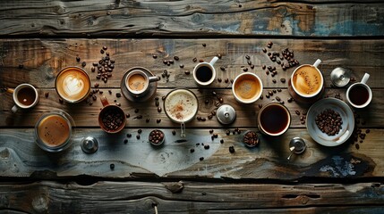 An overhead view of a table with an array of coffee types - espresso, cappuccino, latte, and americano - each in unique cups. A rustic table setting, with coffee beans scattered around