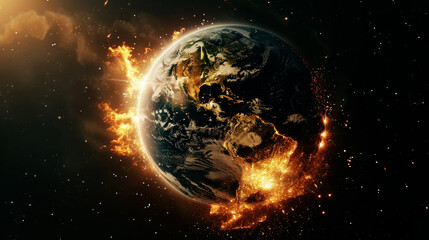 Fototapeta na wymiar Burning Earth - symbol of Apocalypse, nuclear conflict, catastrophic space event
