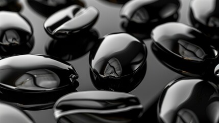 Close-up of coffee beans on a sleek, black reflective surface, creating a luxurious and modern vibe. Strategic lighting highlights the beans' shapes and shadows