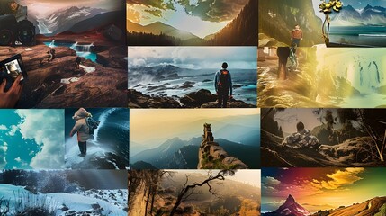 Collage of stunning nature scenes with adventurous souls exploring the wild