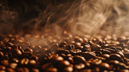 Close-up of freshly roasted dark coffee beans with a visible steam or smoke curling up, symbolizing freshness. The beans fill the frame, with a focus on the steam rising, against a dark backdrop