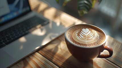 A cappuccino cup on a wooden table, frothy milk forming a leaf pattern on top, next to an open laptop showing a writing program. Soft ambient light from a nearby window.