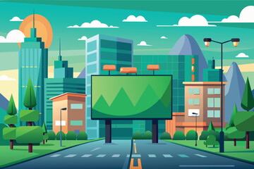 A cityscape with a large green billboard in the middle