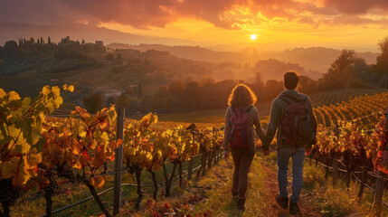 Fototapeta premium Young couple hiking on beautiful vineyard