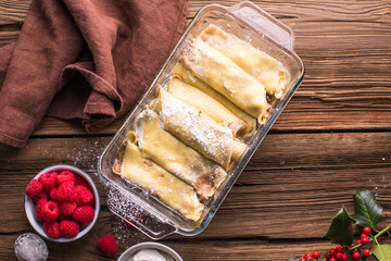 Crepes with cottage cheese , homemade traditional Ukrainian dish nalysnyky