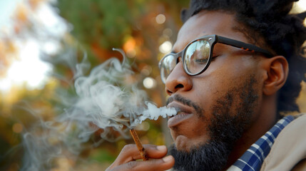 Black man smoking marijuana or cigarette outdoors