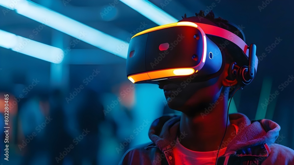Poster individual attending blockchain conference in virtual reality event venue . concept virtual reality 