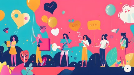 Colorful digital landscape with women engaging in social media activities