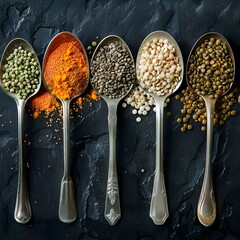 Spices, seeds, herbs in vintage silver spoons on wooden background