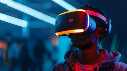 Individual attending blockchain conference in virtual reality event venue . Concept Virtual Reality Events, Blockchain Conferences, Technology Meetups, Digital Networking