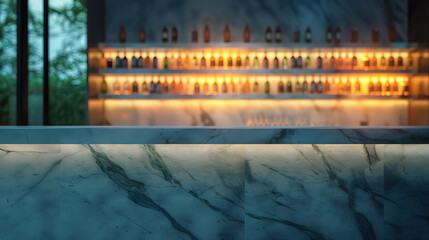 Empty marble bar counter in classic venue, golden yellow lighting