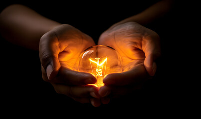 Two hands holding a bright light bulb