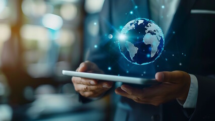 Businessman holding digital tablet and globe in his hands.