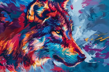Transform the tilted angle view of the wolf into a dynamic, modern art piece Utilize vibrant colors and abstract shapes to convey its primal energy in a unique, eye-catching way that blends traditiona