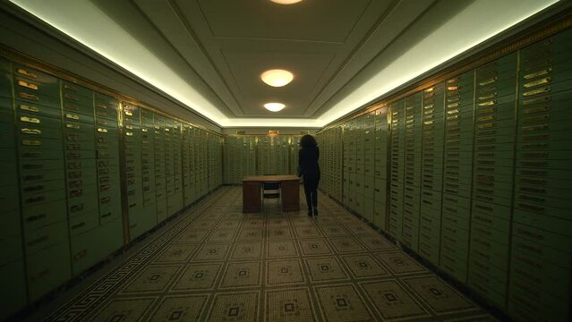 Businesswoman Entering Bank Safe Vault Room Storing Silver Bullion Deposit