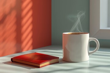 A conceptual contrast of a steaming hot coffee mug and a cold pocketbook on a stark white table