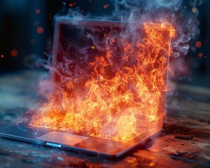 A laptop is on fire. The fire is coming out of the screen. The laptop is sitting on a wooden table. There are sparks flying out of the laptop. The background is dark blue.