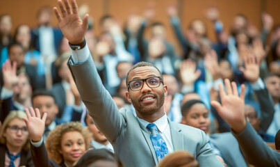 Businessman Raising Hand in Seminar Crowd