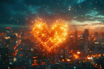 Fototapeta premium A festive scene of a heart made of gold fireworks bursting against a digital skyline