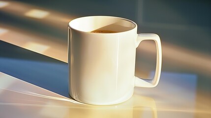 Warm Morning Light on a Ceramic Mug. A Serene Still Life with Shadows and Sunlight through a Window.