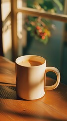 Warm Morning Light on a Ceramic Mug. A Serene Still Life with Shadows and Sunlight through a Window.
