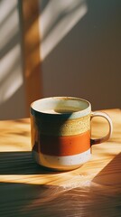 Warm Morning Light on a Ceramic Mug. A Serene Still Life with Shadows and Sunlight through a Window.