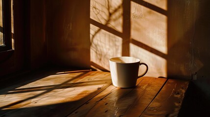 Warm Morning Light on a Ceramic Mug. A Serene Still Life with Shadows and Sunlight through a Window.