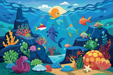 Obraz na płótnie Canvas A colorful underwater scene with a variety of fish swimming around