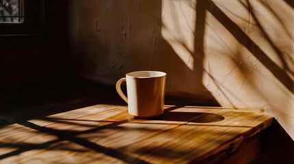 Warm Morning Light on a Ceramic Mug. A Serene Still Life with Shadows and Sunlight through a Window.