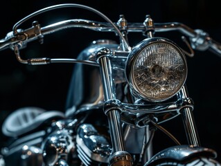 Close-up view of a motorcycle headlamp and handlebars showcasing reflective chrome details.