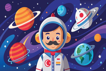 Fototapeta premium A cartoon of a man in a spacesuit standing in front of a bunch of planets