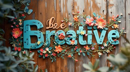 The letter of be creative in variant texture with wooden fence background and natural colorful flower blooming, leaf, and plant decorated with 3D design. Spring season concept. Lettering. AIG42.