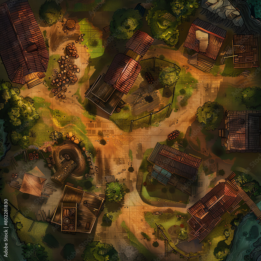 Poster aerial view of a small rustic village with pathways and surrounded by greenery during daylight