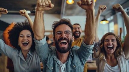A group of men and women encourage each other, cheer on each other, and work together as a team in modern office.